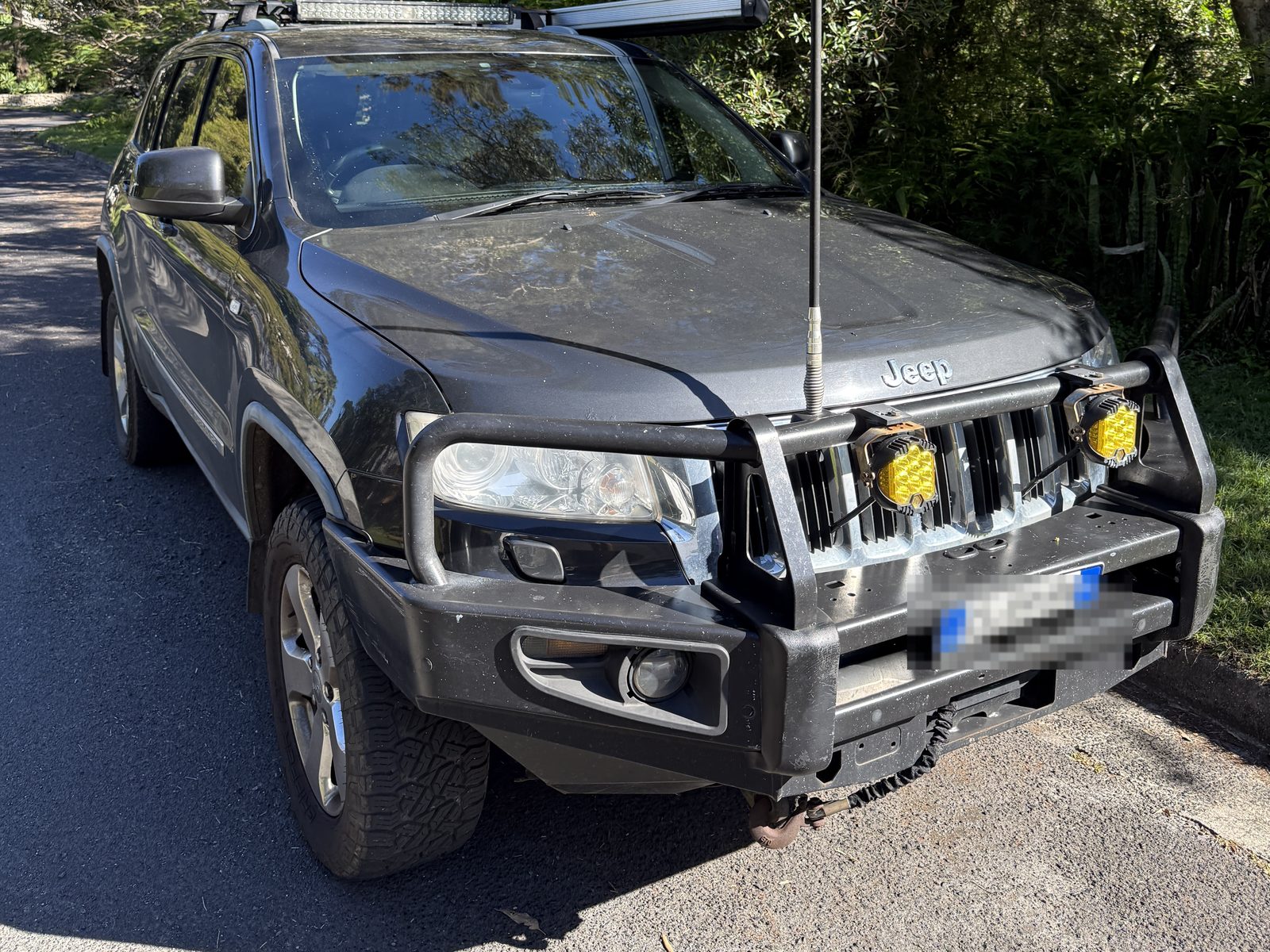 Unser gebrauchter dunkelgrauer Jeep Grand Cherokee mit Bullbar und Zusatzscheinwerfern, geparkt vor Regenwaldgrün in Northern Rivers