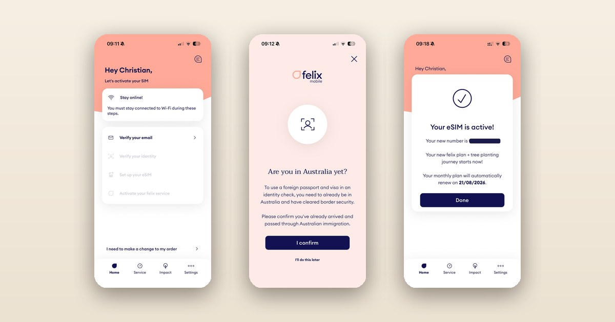 Die felix-Mobile-App auf drei Handy-Screens: die Aktivierungs-Schritte, der Ausweis-Check mit der Frage nach ausländischem Pass und Visum, und die aktivierte eSIM mit geschwärzter Nummer.