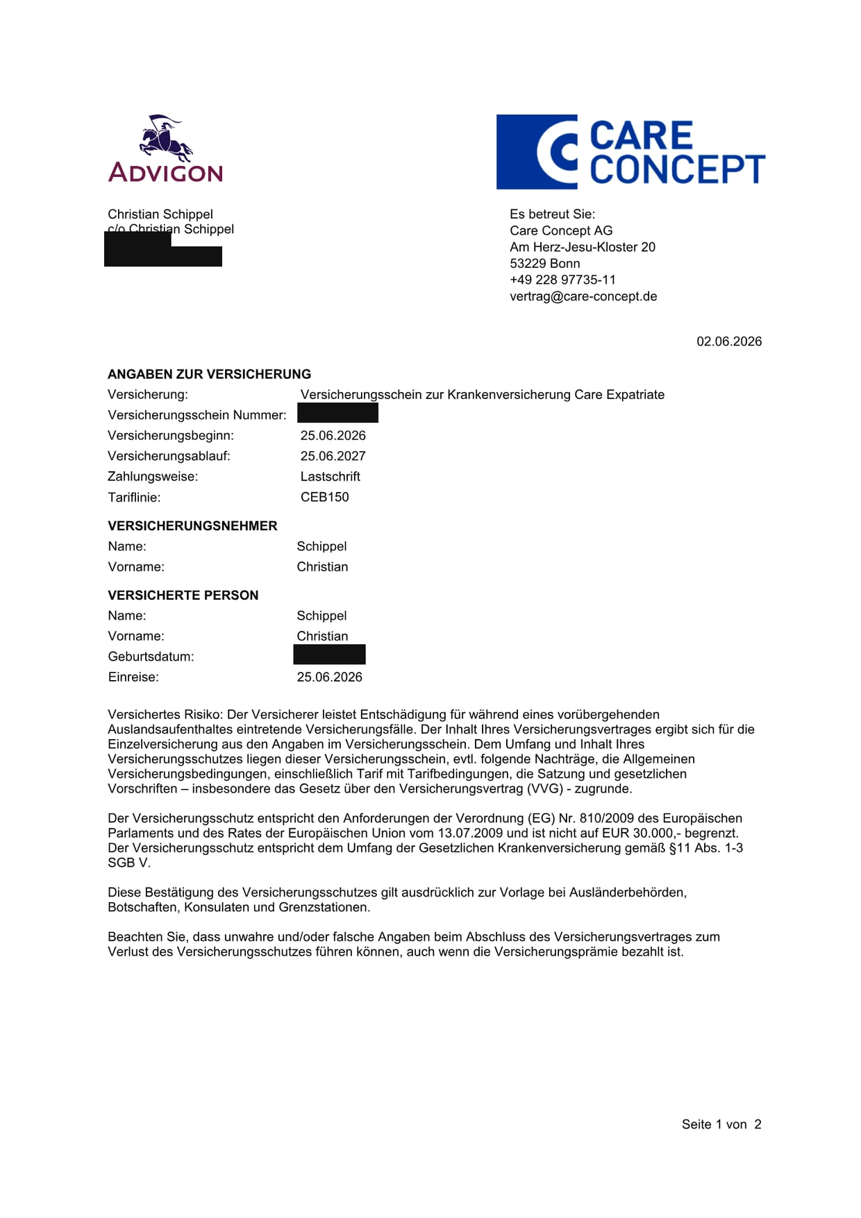 Versicherungsschein der Care Expatriate Auslandskrankenversicherung von Care Concept und Advigon, Tarif CEB150, für die Tourist-Phase in Australien, sensible Daten geschwärzt.