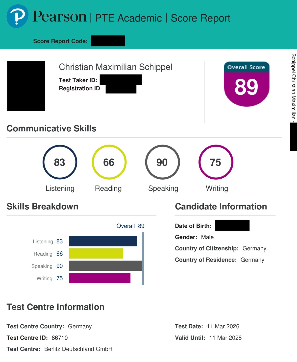 Pearson PTE Academic Score Report vom 11. März 2026: Overall Score 89, Listening 83, Reading 66, Speaking 90, Writing 75, Testcenter Berlitz Deutschland GmbH, gültig bis 11. März 2028. Score Report Code, Kennnummern, Geburtsdatum und Foto sind geschwärzt.